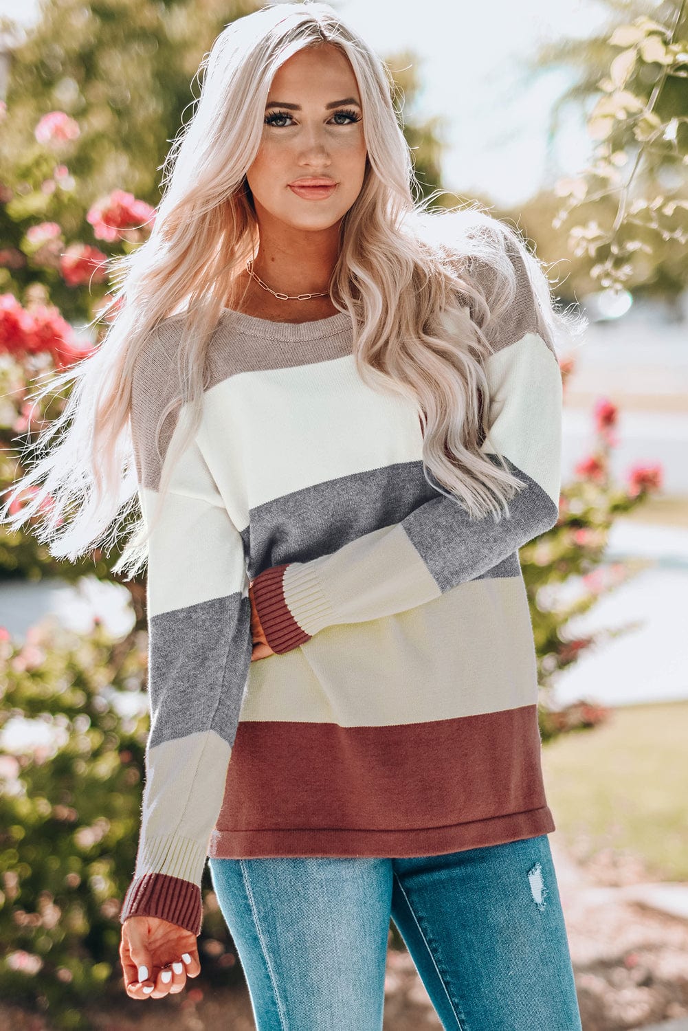 Gray Woven Right Color Block Drop Shoulder Round Neck Sweater