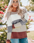 Gray Woven Right Color Block Drop Shoulder Round Neck Sweater Sentient Beauty Fashions Apparel & Accessories