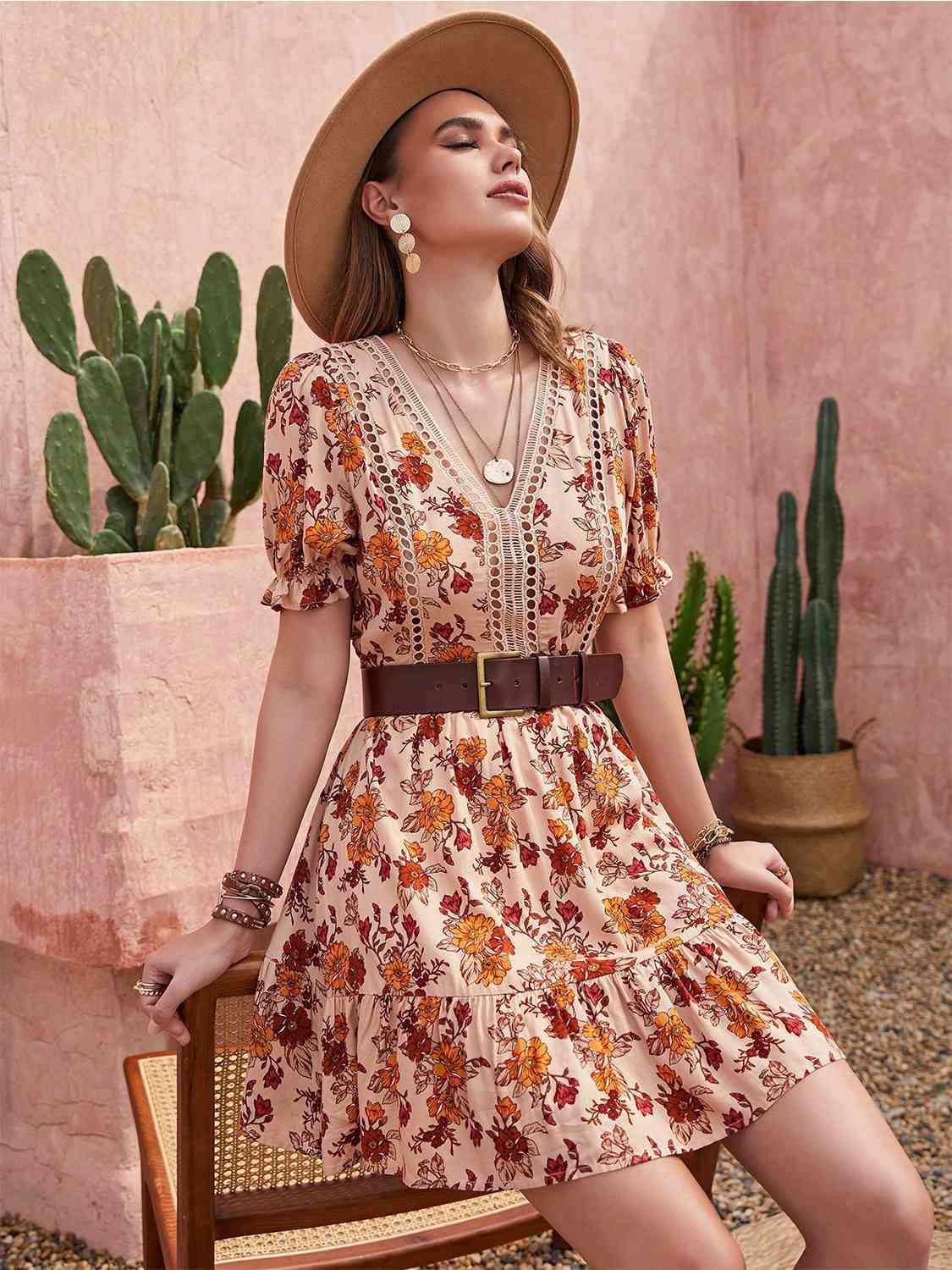 Rosy Brown Floral V-Neck Flounce Sleeve Ruffle Hem Dress Sentient Beauty Fashions Apparel &amp; Accessories