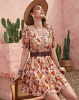 Rosy Brown Floral V-Neck Flounce Sleeve Ruffle Hem Dress Sentient Beauty Fashions Apparel & Accessories