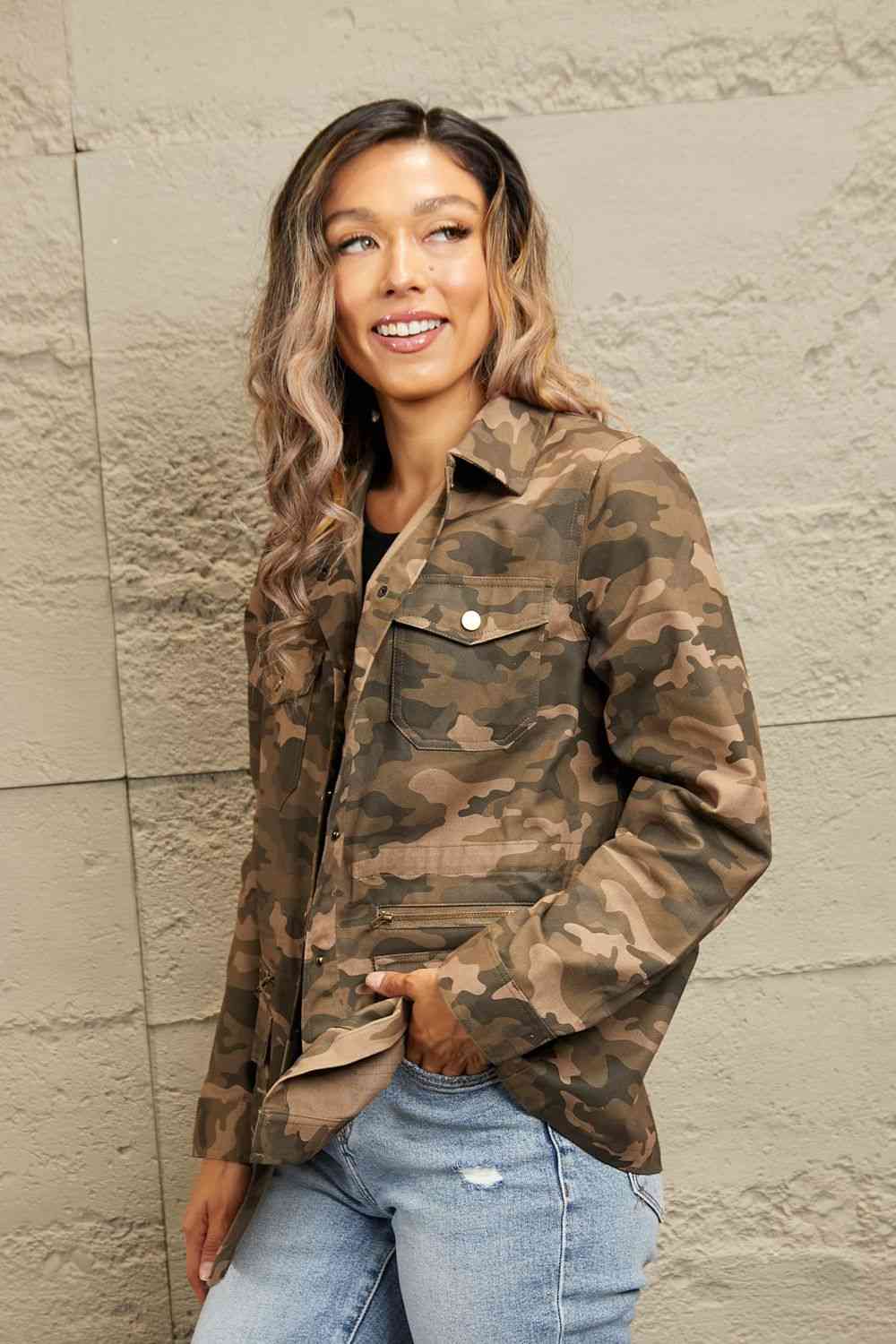 Rosy Brown Double Take Camouflage Snap Down Jacket Sentient Beauty Fashions Apparel &amp; Accessories