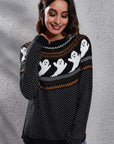 Dark Gray Ghost Pattern Round Neck Long Sleeve Sweater