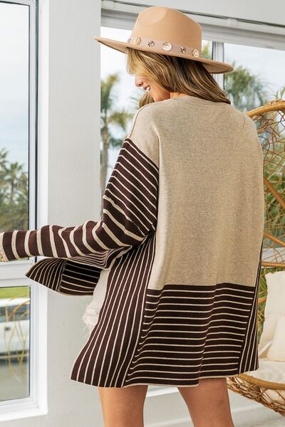 Gray BiBi Striped Contrast Long Sleeve Slit Top Sentient Beauty Fashions Apparel & Accessories