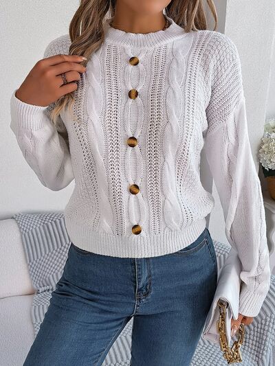 Gray Cable-Knit Buttoned Round Neck Sweater Sentient Beauty Fashions Apparel & Accessories