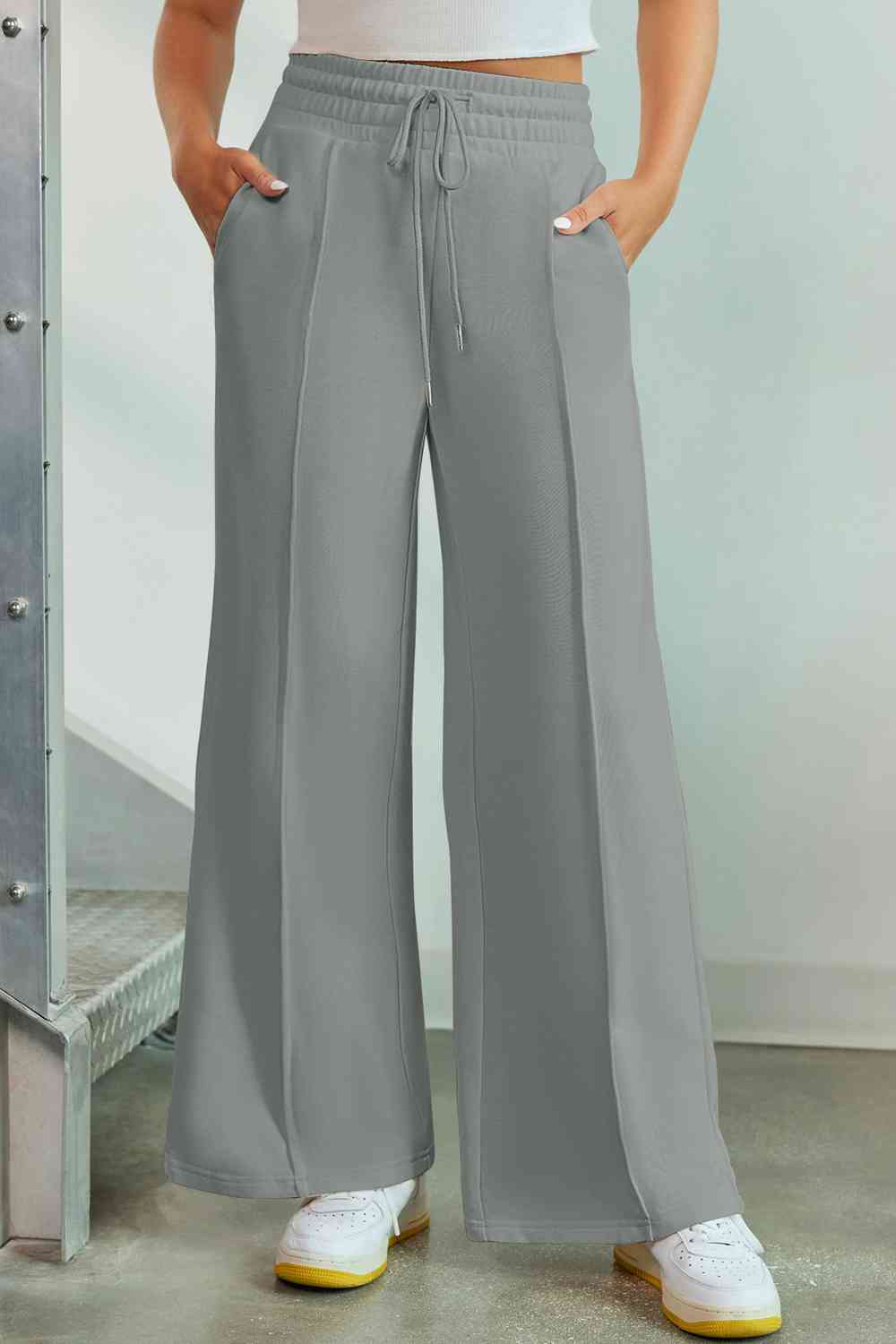 Light Slate Gray Drawstring Wide Leg Pants with Pockets Sentient Beauty Fashions Apparel & Accessories