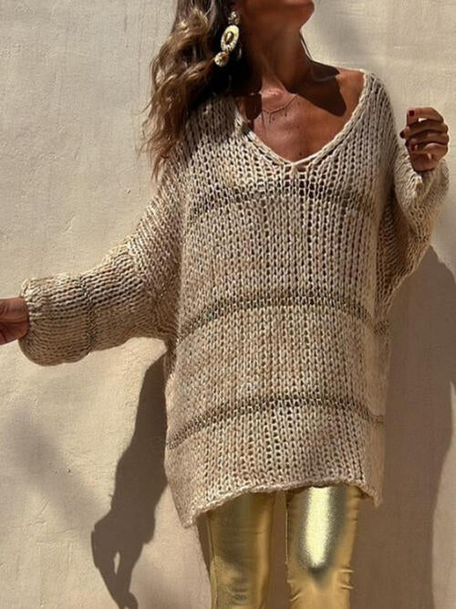 Rosy Brown Openwork V-Neck Long Sleeve Sweater
