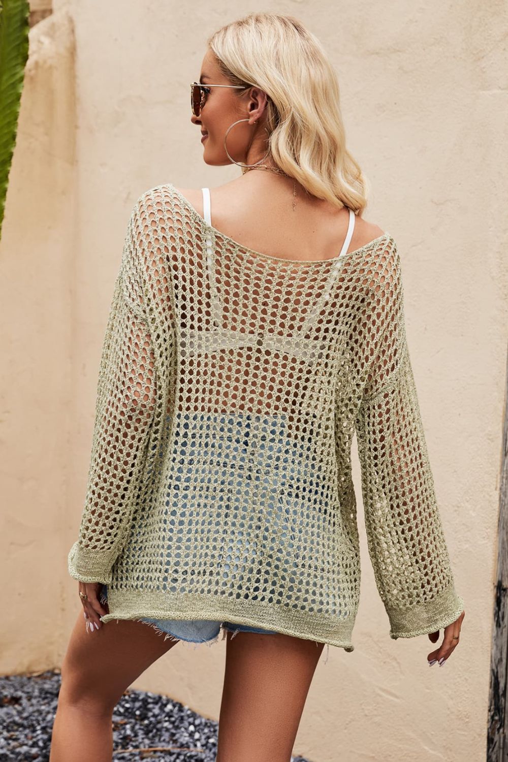 Tan Openwork Round Neck Long Sleeve Cover Up