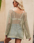 Tan Openwork Round Neck Long Sleeve Cover Up Sentient Beauty Fashions swimwear