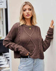 Gray Cable-Knit Round Neck Dropped Shoulder Sweater