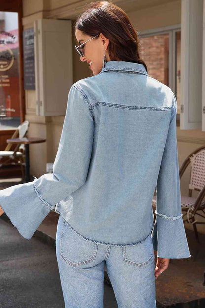 Button Front Flare Sleeve Denim Top