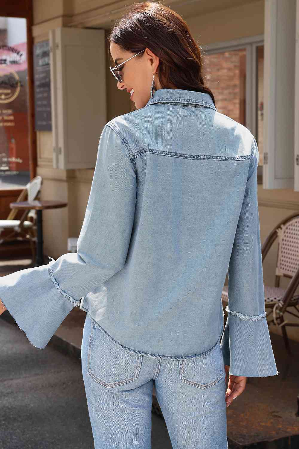 Light Slate Gray Button Front Flare Sleeve Denim Top Sentient Beauty Fashions Apparel &amp; Accessories