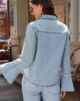 Light Slate Gray Button Front Flare Sleeve Denim Top Sentient Beauty Fashions Apparel & Accessories