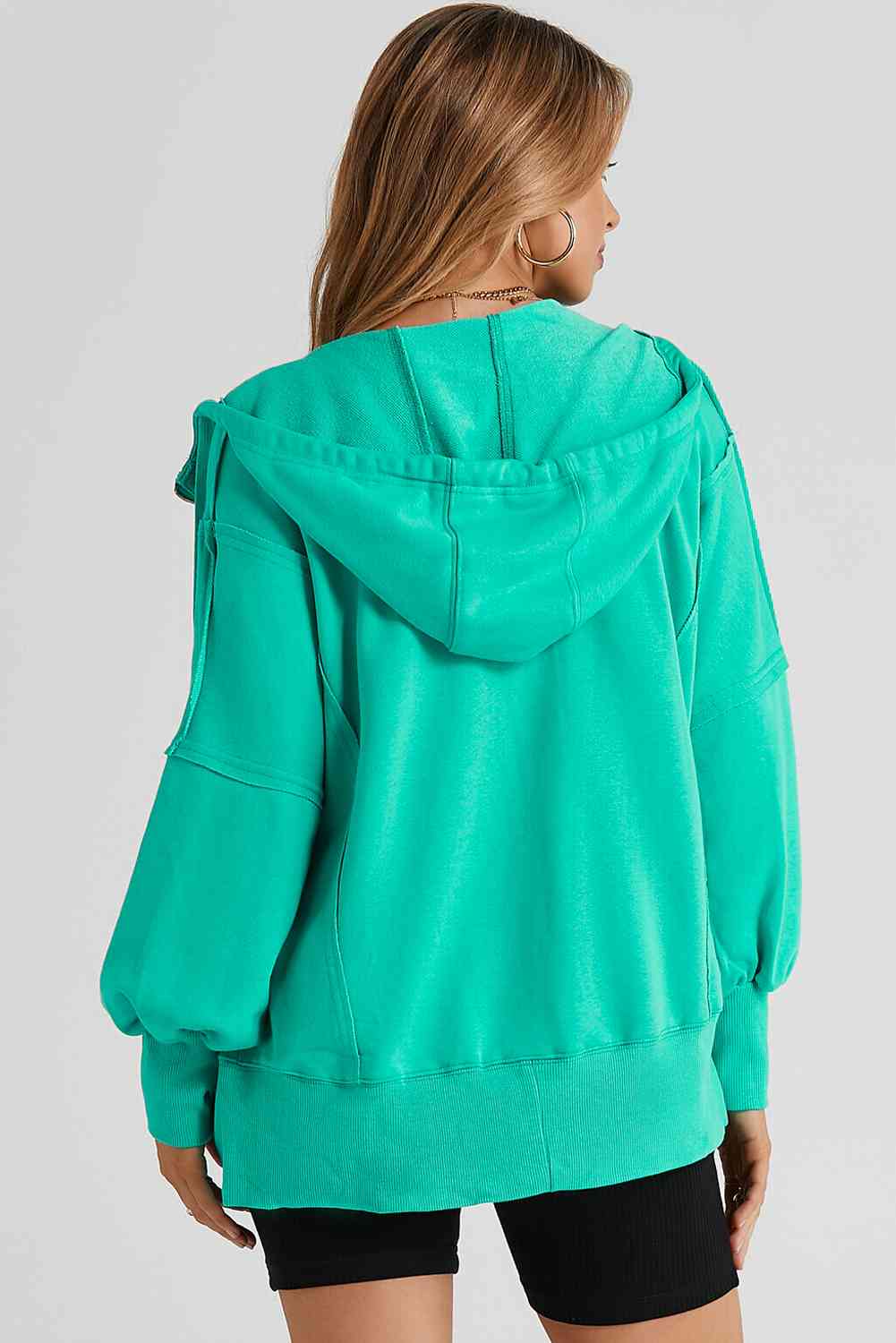 Light Sea Green Zip Up Long Sleeve Drawstring Hoodie