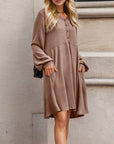 Rosy Brown Half Button V-Neck Long Sleeve Dress with Pockets