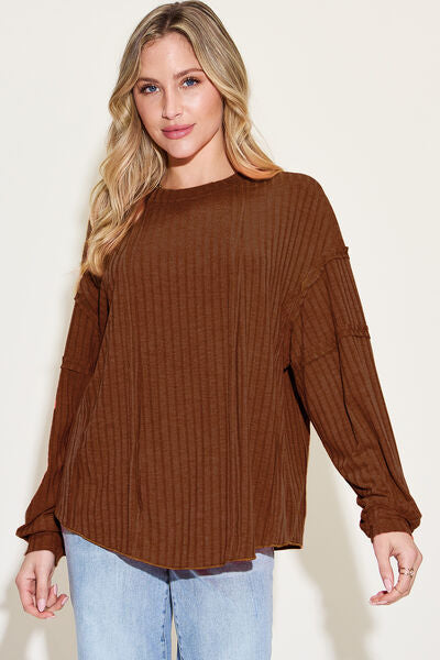 Saddle Brown Basic Bae Full Size Ribbed Round Neck Long Sleeve T-Shirt Sentient Beauty Fashions Apparel &amp; Accessories