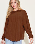 Saddle Brown Basic Bae Full Size Ribbed Round Neck Long Sleeve T-Shirt Sentient Beauty Fashions Apparel & Accessories