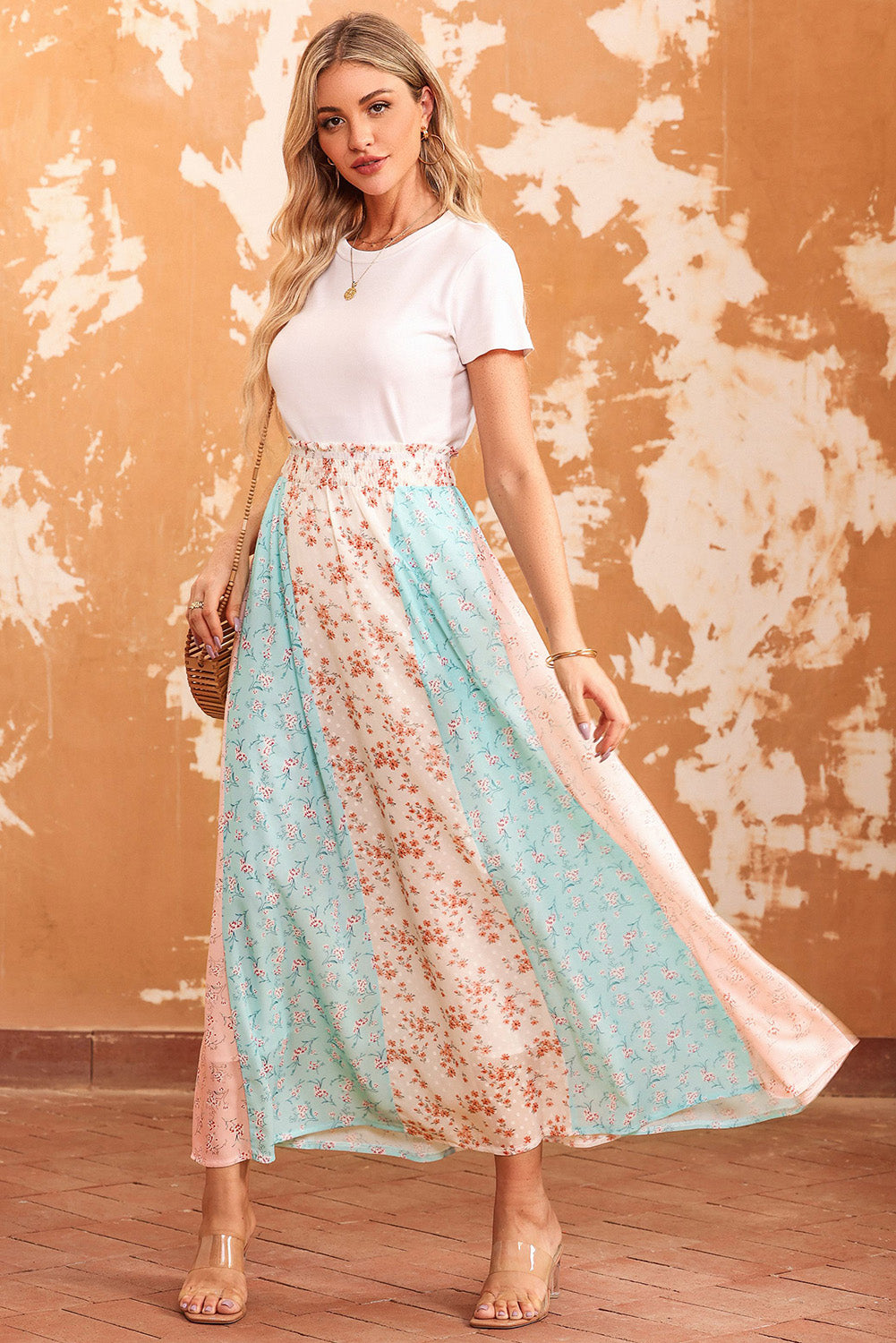 Dark Salmon Floral Color Block Smocked Waist Maxi Skirt Sentient Beauty Fashions Apparel & Accessories
