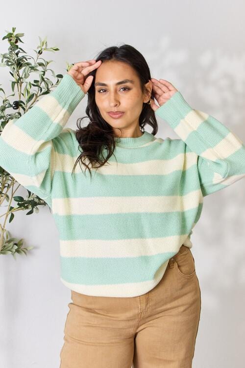 Light Gray Sew In Love Full Size Contrast Striped Round Neck Sweater