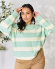 Light Gray Sew In Love Full Size Contrast Striped Round Neck Sweater