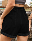 Tan Drawstring High Waist Denim Shorts with Pockets