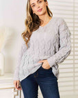 Light Gray Woven Right Cable-Knit Hooded Sweater Sentient Beauty Fashions Apparel & Accessories