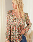 Wheat Floral V-Neck Babydoll Blouse