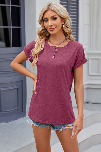 Dim Gray Round Neck Rolled Short Sleeve T-Shirt Sentient Beauty Fashions Apparel &amp; Accessories