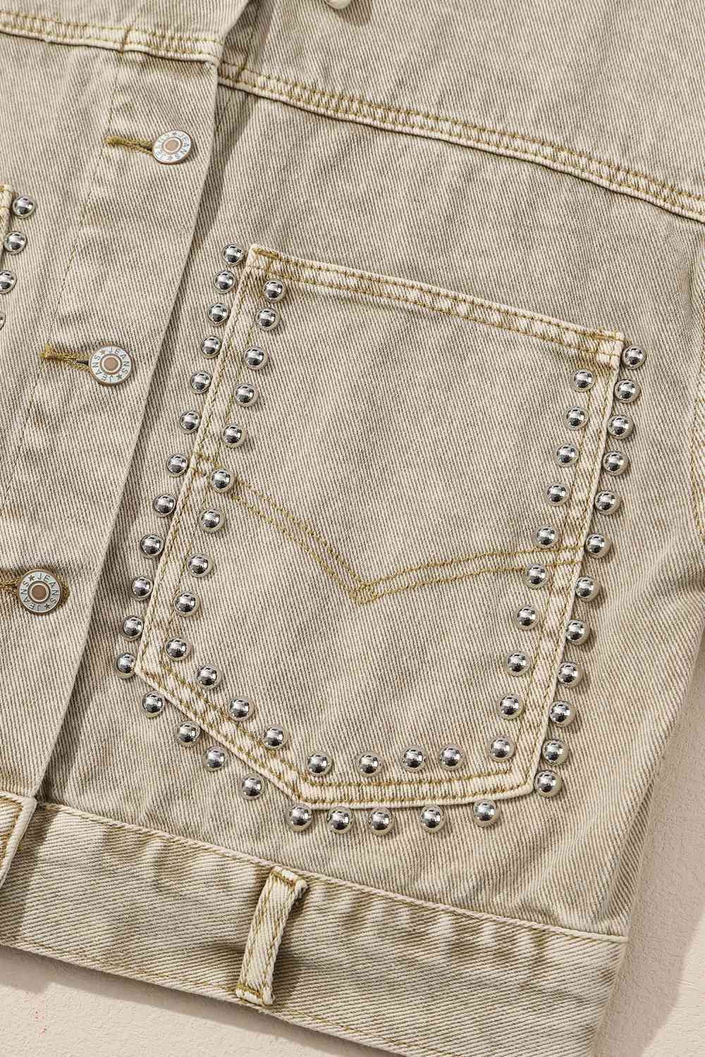 Dark Gray Studded Collared Neck Denim Jacket with Pockets