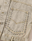 Dark Gray Studded Collared Neck Denim Jacket with Pockets Sentient Beauty Fashions Apparel & Accessories