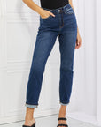Light Gray Judy Blue Crystal Full Size High Waisted Cuffed Boyfriend Jeans Sentient Beauty Fashions Apparel & Accessories