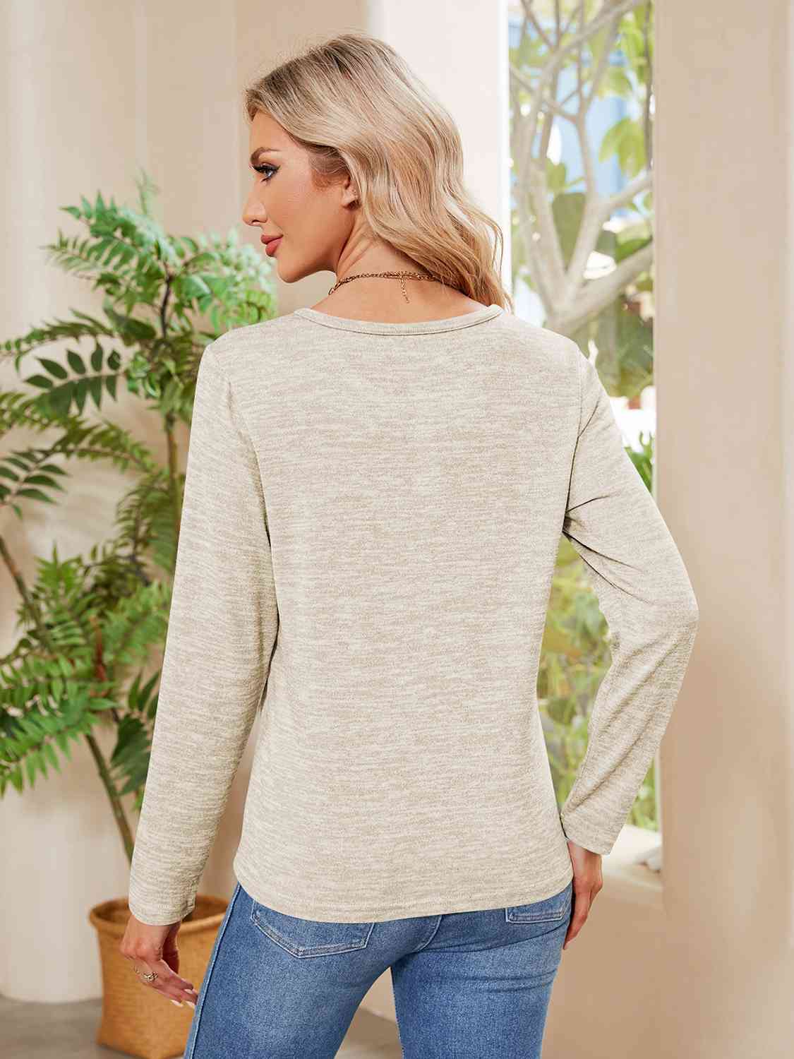 Gray Buttoned Round Neck  Long Sleeve T-Shirt Sentient Beauty Fashions Apparel &amp; Accessories