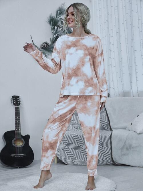 Gray Tie-dye Round Neck Top and Drawstring Pants Lounge Set Sentient Beauty Fashions Apparel &amp; Accessories