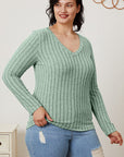 Gray Basic Bae Full Size Ribbed V-Neck Long Sleeve T-Shirt Sentient Beauty Fashions Apparel & Accessories