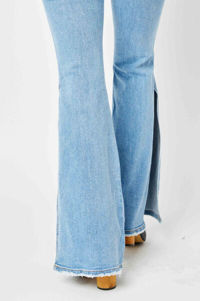 Lavender Judy Blue Full Size Mid Rise Raw Hem Slit Flare Jeans Sentient Beauty Fashions Apparel &amp; Accessories