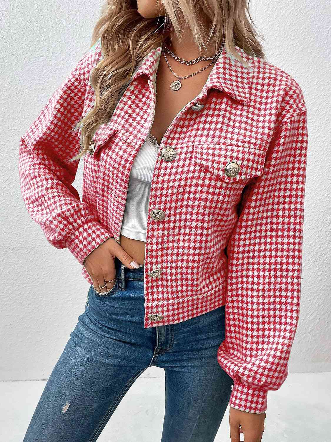 Light Gray Houndstooth Collared Neck Button Up Jacket Sentient Beauty Fashions Apparel & Accessories