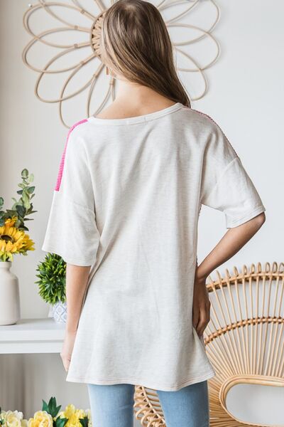 Light Gray Heimish Full Size Contrast Waffle-Knit Half Sleeve Blouse Sentient Beauty Fashions Apparel &amp; Accessories