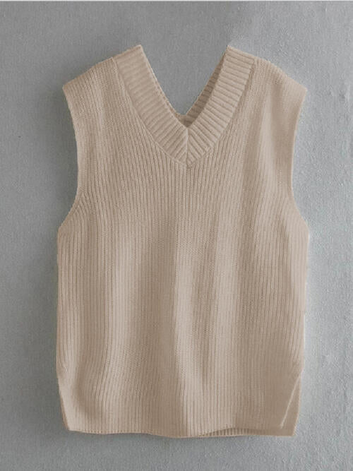 Rosy Brown Ribbed V-Neck Sleeveless Sweater Vest Sentient Beauty Fashions Apparel &amp; Accessories