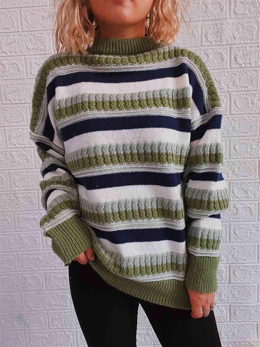 Dark Gray Striped Drop Shoulder Round Neck Sweater