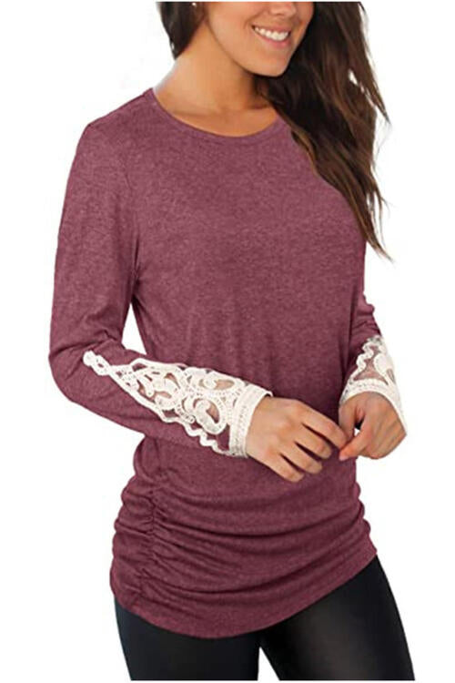Sienna Lace Detail Long Sleeve Round Neck T-Shirt Sentient Beauty Fashions Apparel &amp; Accessories