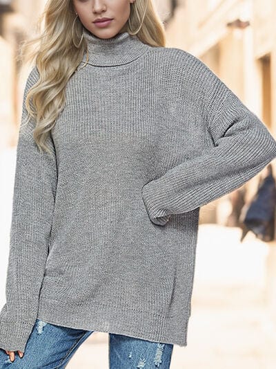 Gray Turtleneck Drop Shoulder Long Sleeve Sweater Sentient Beauty Fashions Apparel & Accessories