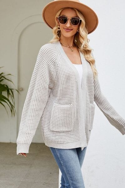 Gray Open Front Raglan Sleeve Pocketed Cardigan