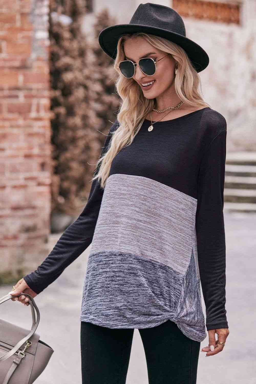 Dark Gray Color Block Twisted Detail Long Sleeve Top Sentient Beauty Fashions Apparel &amp; Accessories