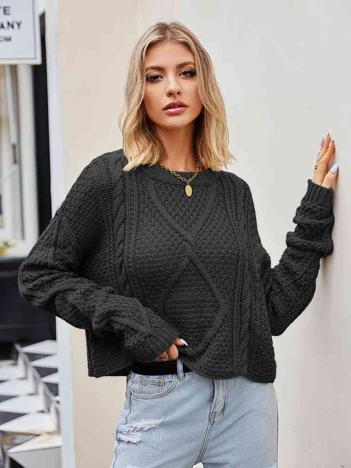 Dark Slate Gray Cable-Knit Round Neck Dropped Shoulder Sweater Sentient Beauty Fashions Apparel & Accessories