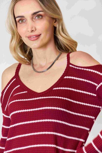 Brown BiBi Striped Cold Shoulder Long Sleeve Knit Top Sentient Beauty Fashions Apparel &amp; Accessories