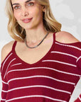 Brown BiBi Striped Cold Shoulder Long Sleeve Knit Top Sentient Beauty Fashions Apparel & Accessories