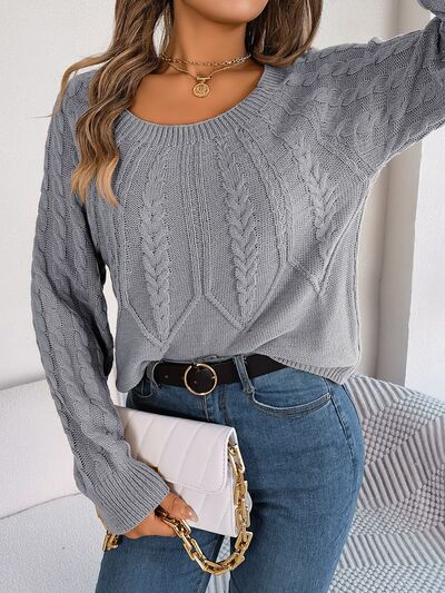 Light Slate Gray Cable-Knit Round Neck Long Sleeve Sweater Sentient Beauty Fashions Apparel &amp; Accessories