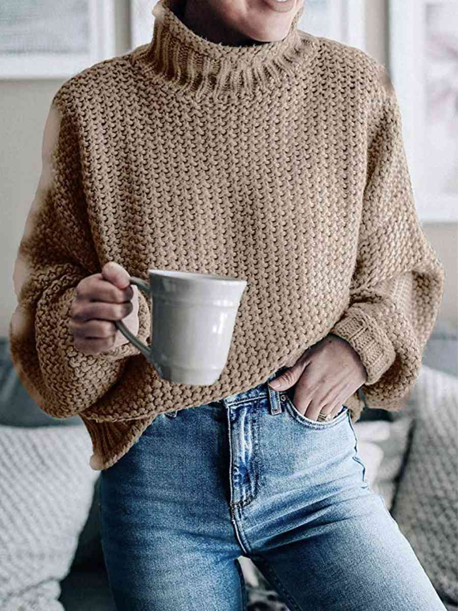 Dark Gray Turtleneck Dropped Shoulder Sweater