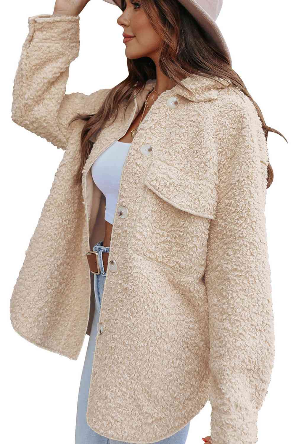 Tan Collared Neck Button Front Coat with Pocket