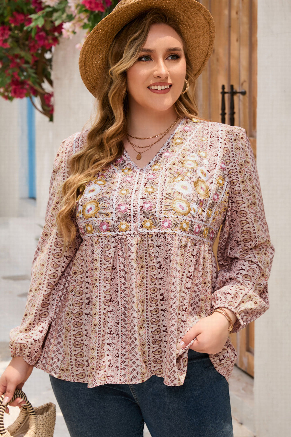 Rosy Brown Plus Size V-Neck Prined Long Sleeve Blouse Sentient Beauty Fashions Apparel & Accessories