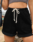 Black Drawstring High Waist Denim Shorts with Pockets Sentient Beauty Fashions Apparel & Accessories